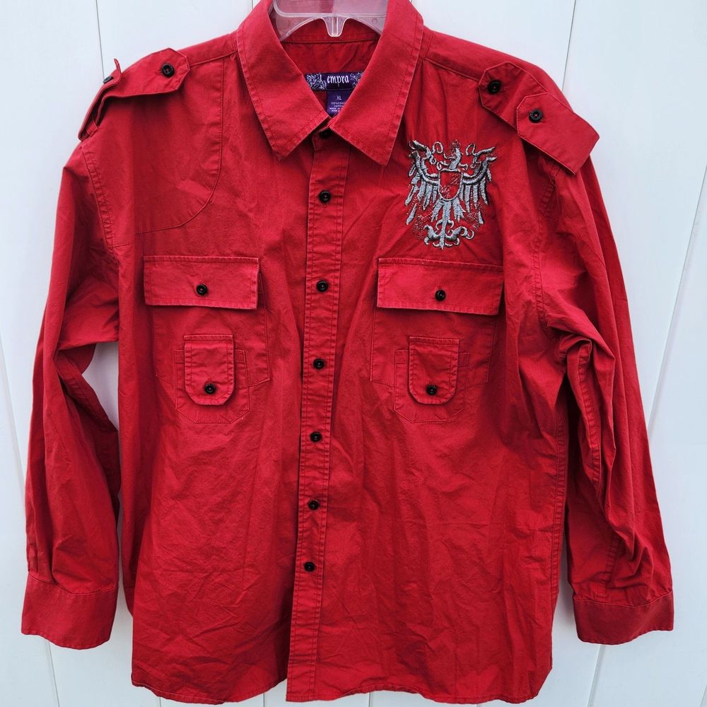 Empra Embroidered Button Up Shirt Mens XL Red Y2K Goth Eagle - Picture 1 of 7